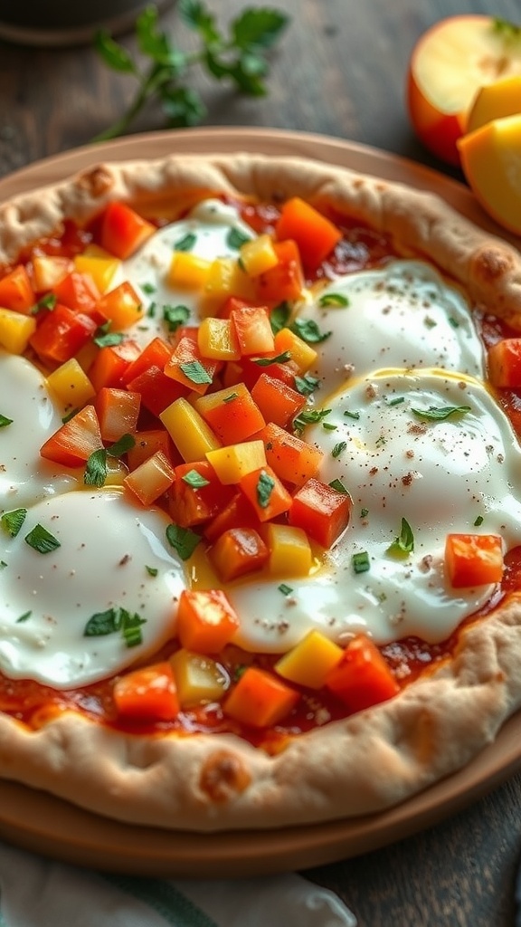 Pita Bread Breakfast Pizza Recipe Breakfast pizza on pita bread topped with scrambled eggs, cheese, and bell peppers, served with fresh herbs.